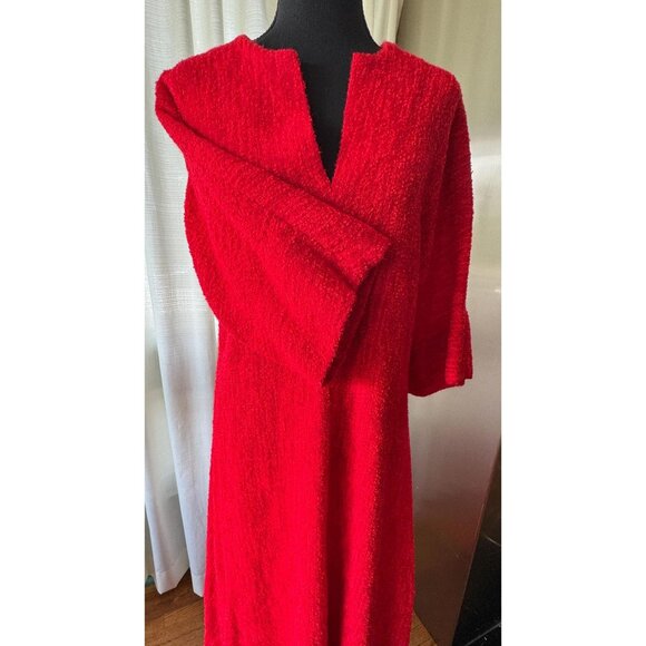 Vintage 70s maxi dress, red kaftan robe, wide flared sleeves, wool blend - Picture 4 of 9